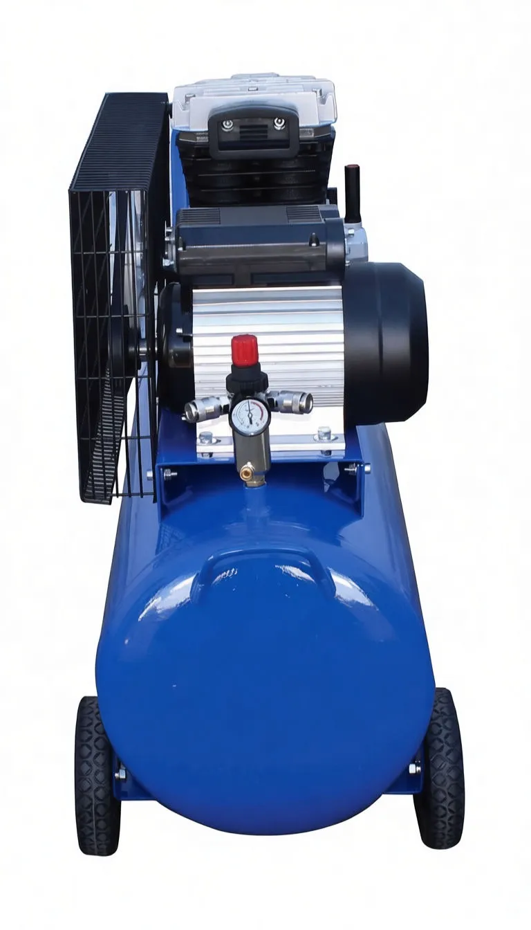 Rear-side view of blue air compressor highlighting flywheel and belt behind wire guard, pump assembly, tank, wheel and handle.