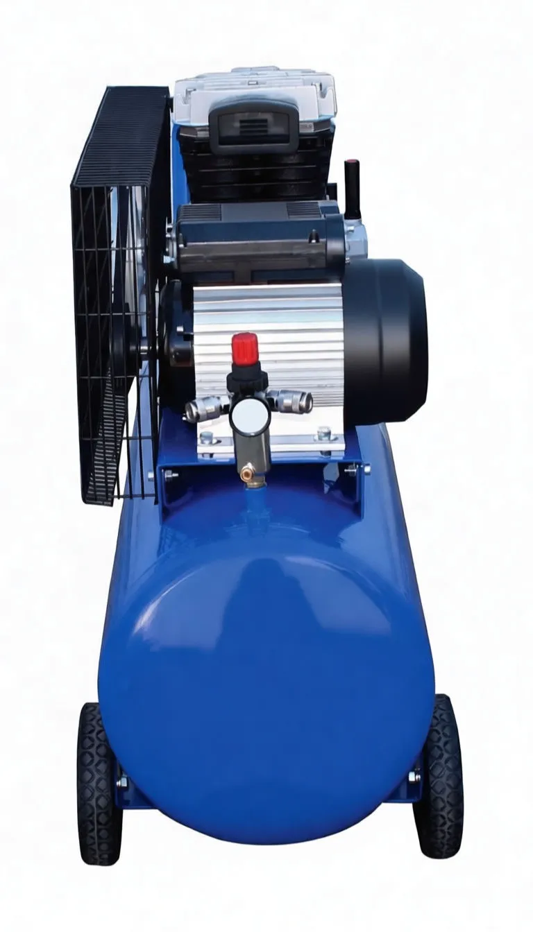 Close detail of the blue tank foot and underside drain valve (brass with black lever), plus label area showing '100 L' and model marking.