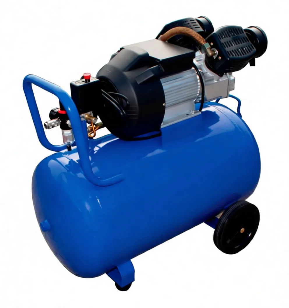 Side view of blue 100L air compressor showing 'saTra' label, motor, twin cylinder heads and regulator gauges