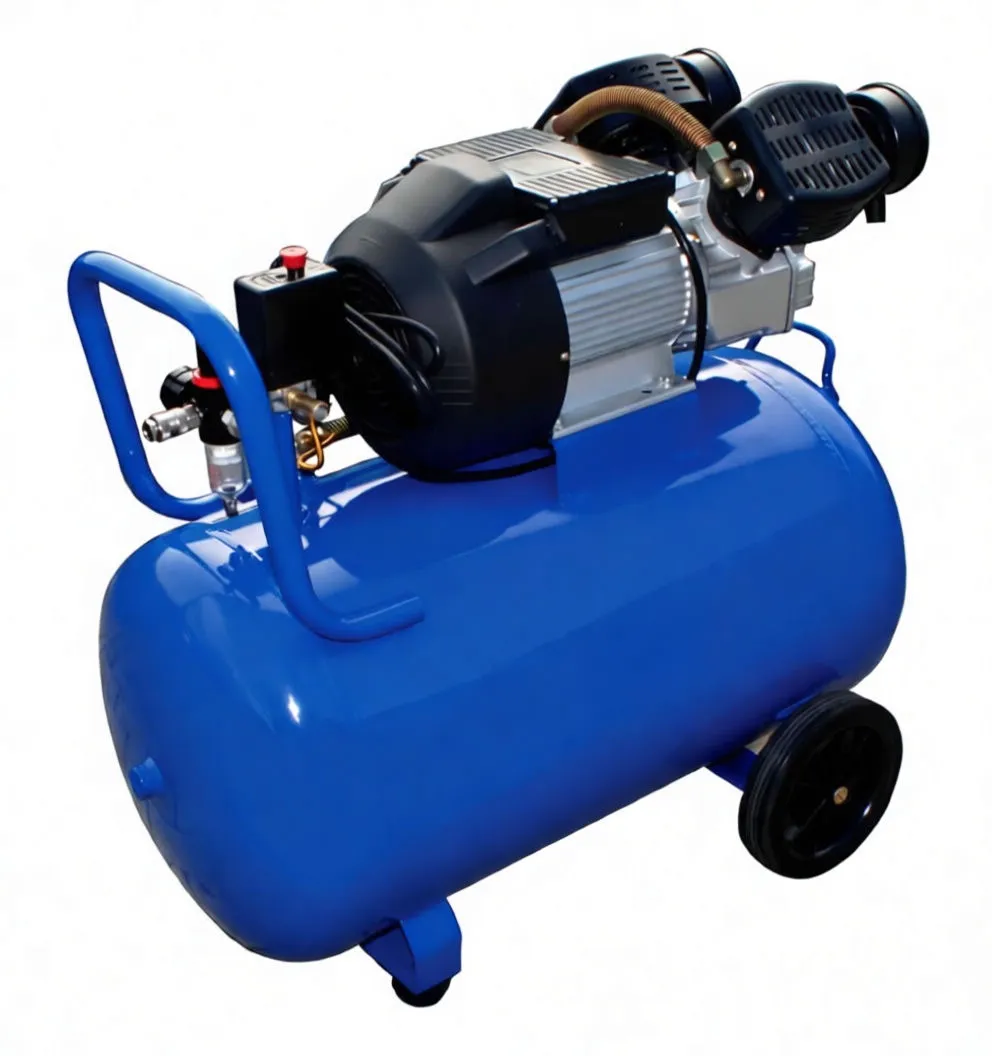 Rear-left angled view of compressor showing motor, twin cylinder heads, copper hose and tank drain