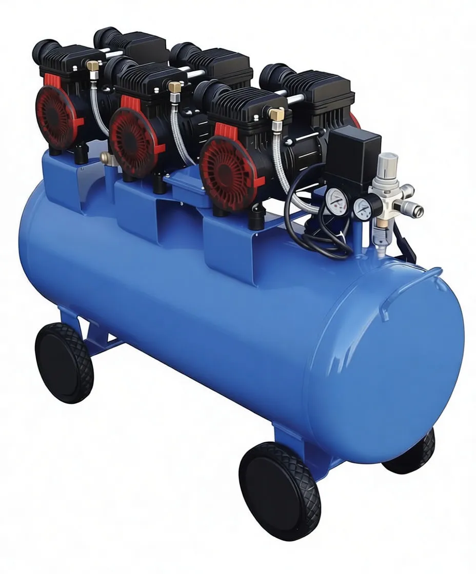 Angled left view of blue 100L compressor showing three red-fanned compressor heads, side 'saTra' sticker and twin wheels.