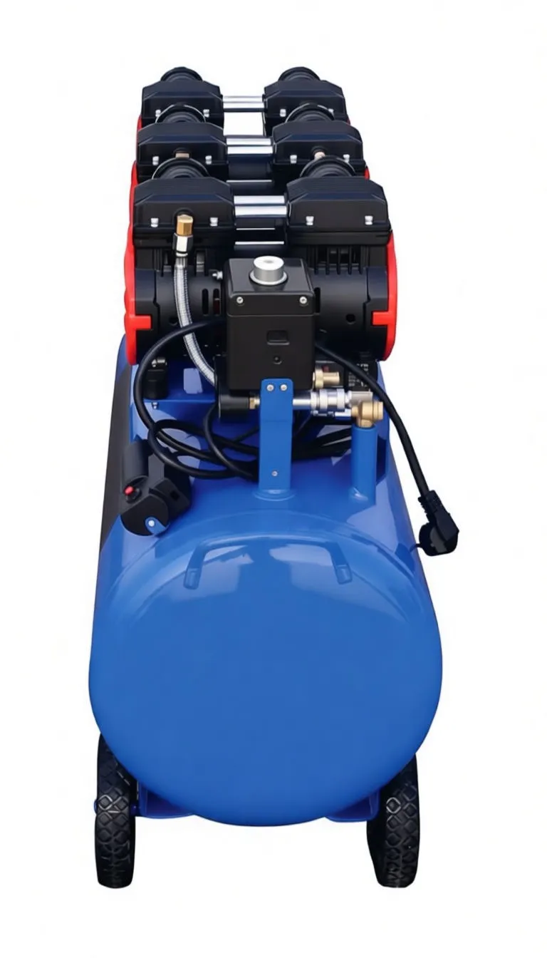 Top-front view of compressor showing three pump heads and close-up of regulator with two gauges, adjustment knob and electrical switch.