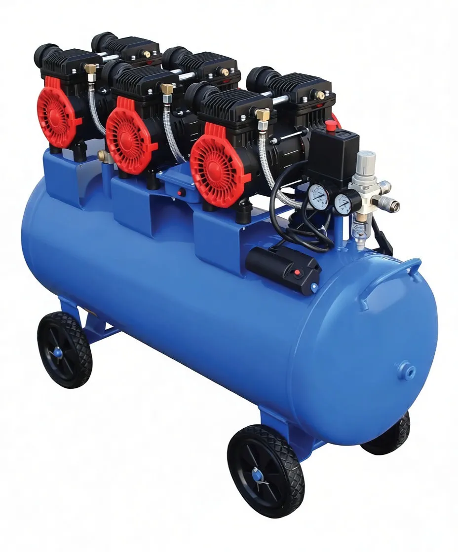 Close top-front shot of blue 100L compressor with three pump heads, regulator gauges, knobs and front tank end.