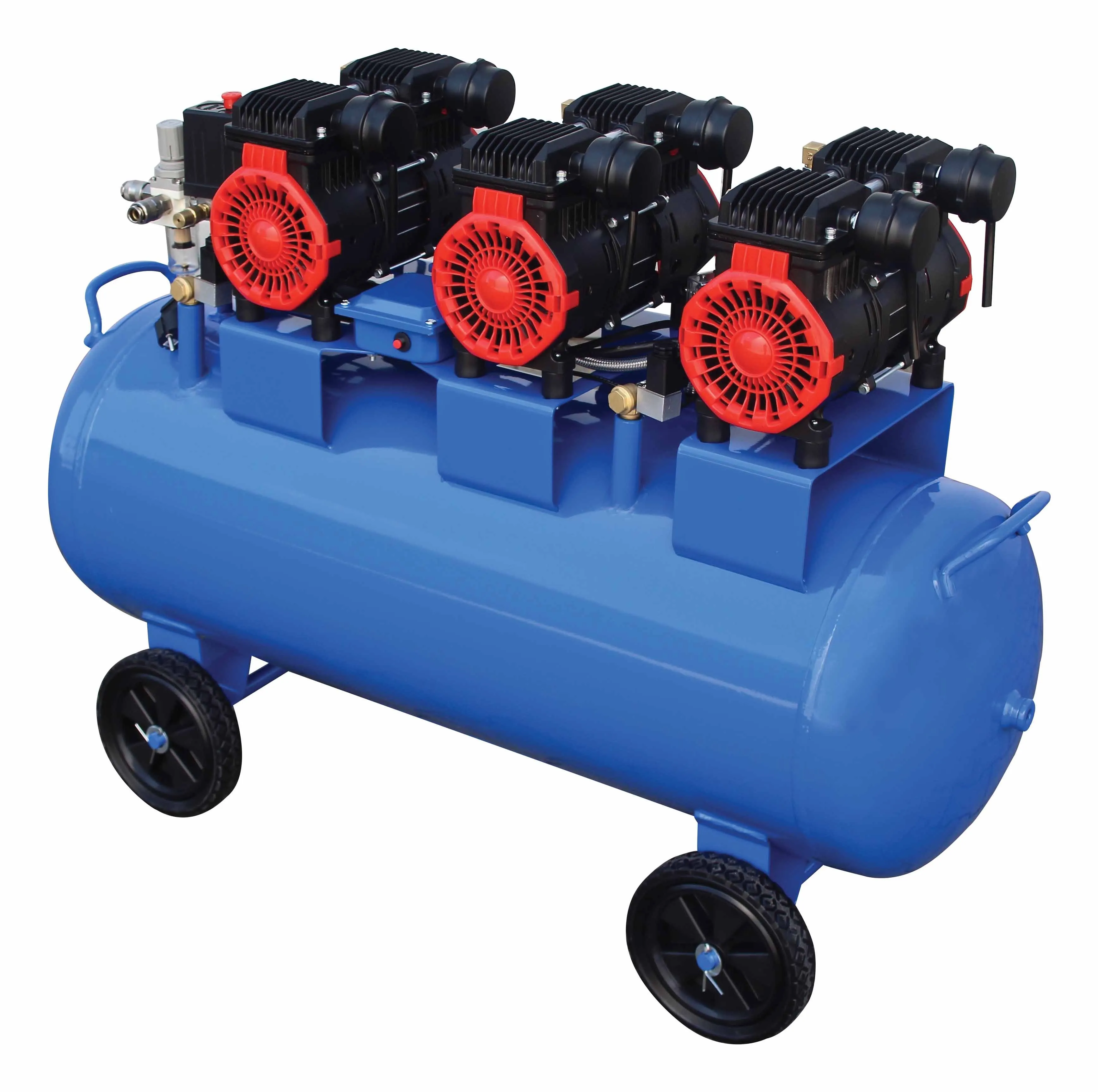 Rear-side view of blue air compressor showing three black compressor cylinders with red guards, blue tank end and wheels.