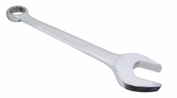 Polished chrome combination spanner with open end in front and ring end behind, long flat handle