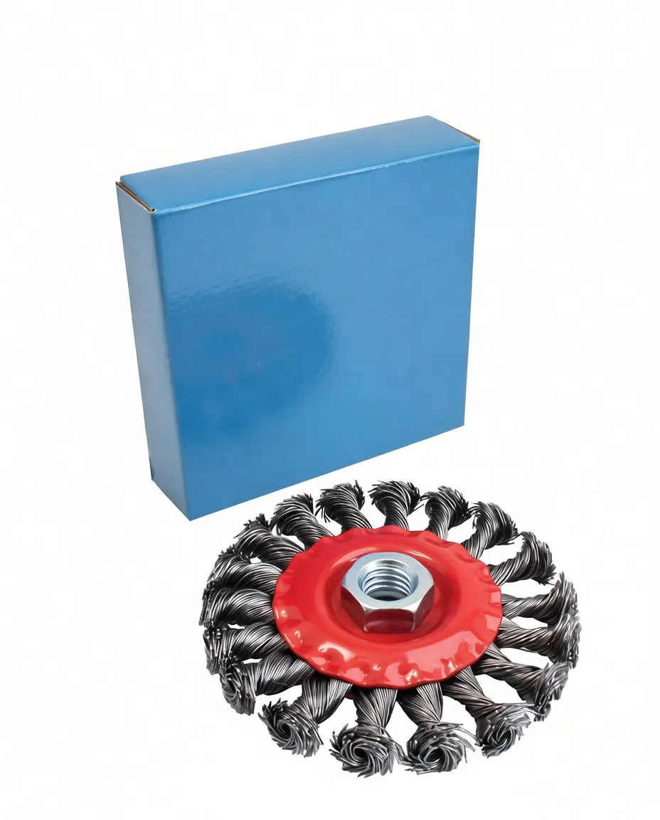 Knotted wheel brush in front of its blue saTra retail box labeled S-4KWB100, showing brush, packaging, barcode and size 100mm