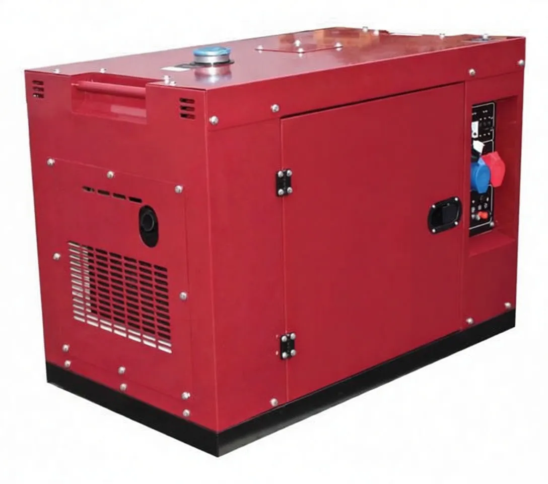 Close view of red saTra 10kW diesel generator side panel, vents, fuel cap and power outlets