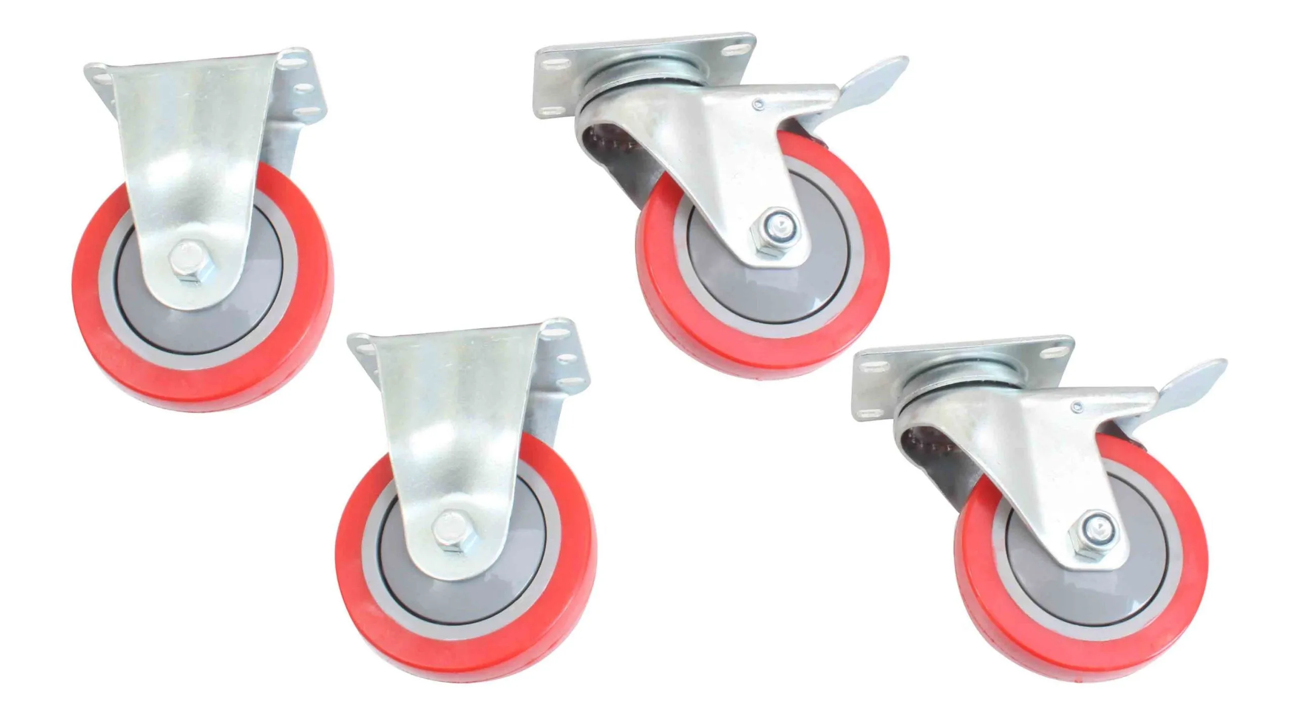 Set of four metal mounting caster wheels with red treads and two braked casters