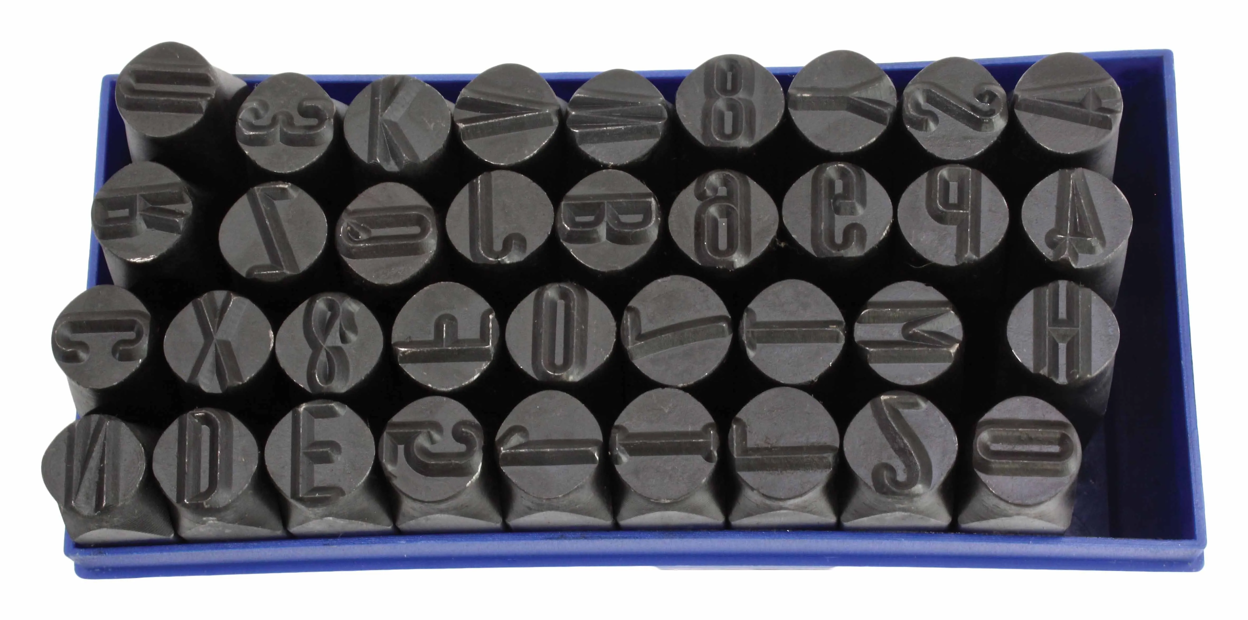 Top view of 36 metal punch heads in a blue tray showing mirrored letters and numbers on each round face.