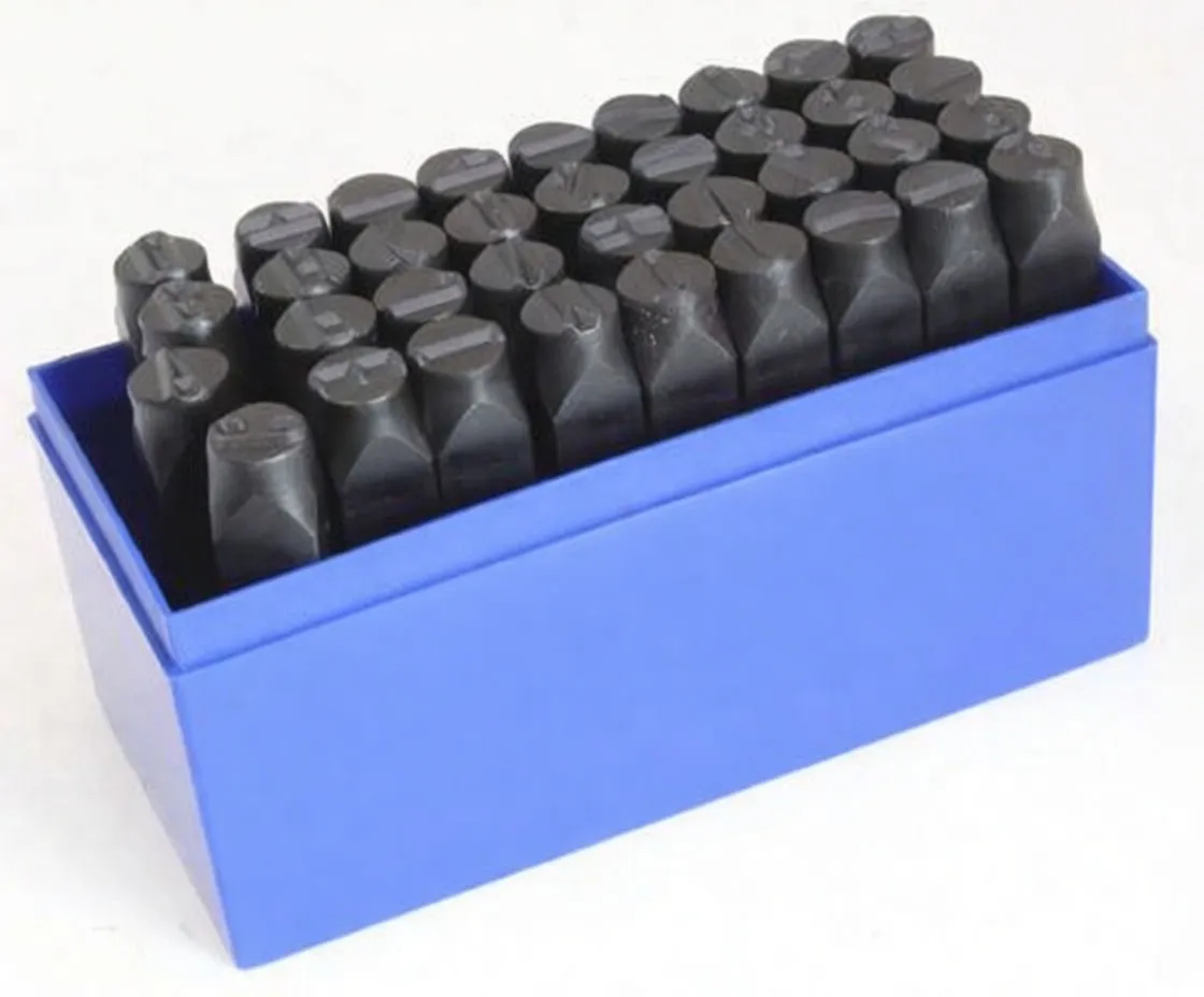 Side view of blue case filled with 36 dark metal letter/number punches, Satra logo and barcode on label.