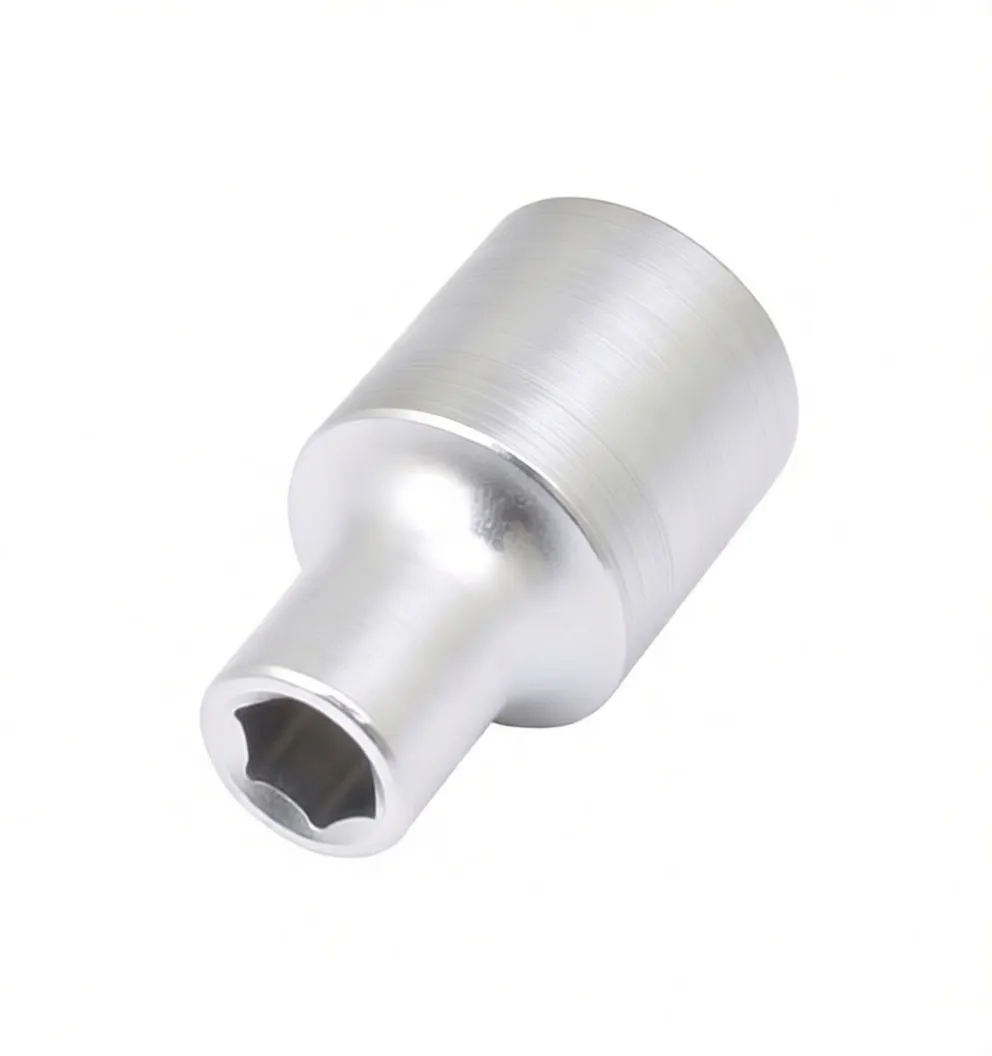 Perspective view of silver 6-point 10mm socket with knurled band and embossed brand, showing hex opening