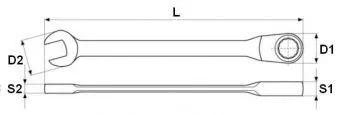 Technical schematic drawing of a combination ratcheting wrench with labeled dimensions L, D1, D2, S1, S2