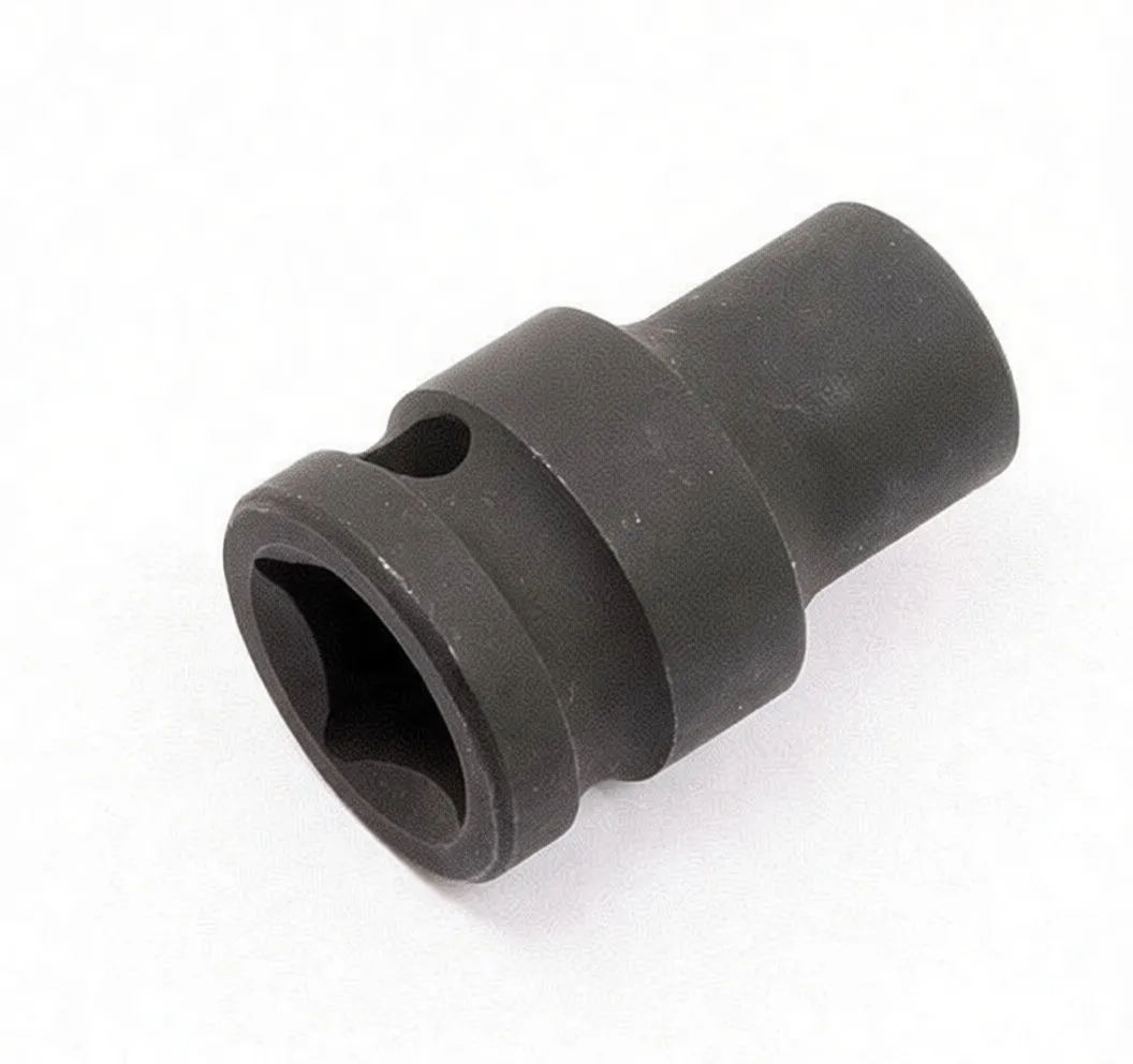 Rotated angled view of black 10mm impact socket highlighting 12-point recess, shank, side hole and engraved CR-MO 10mm marking