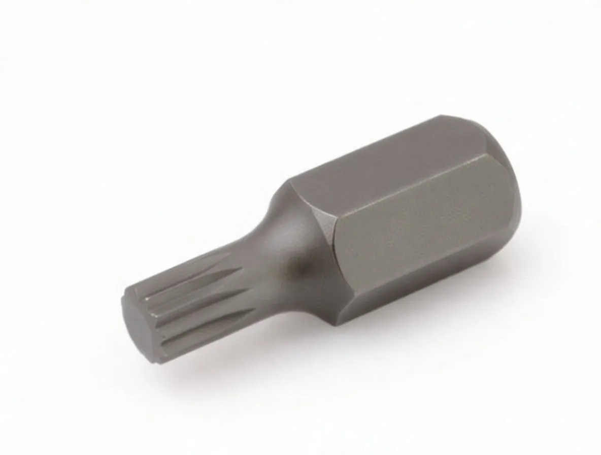 Angled view of a dark metal 12-point XZN bit with hexagonal shank stamped S2 M6