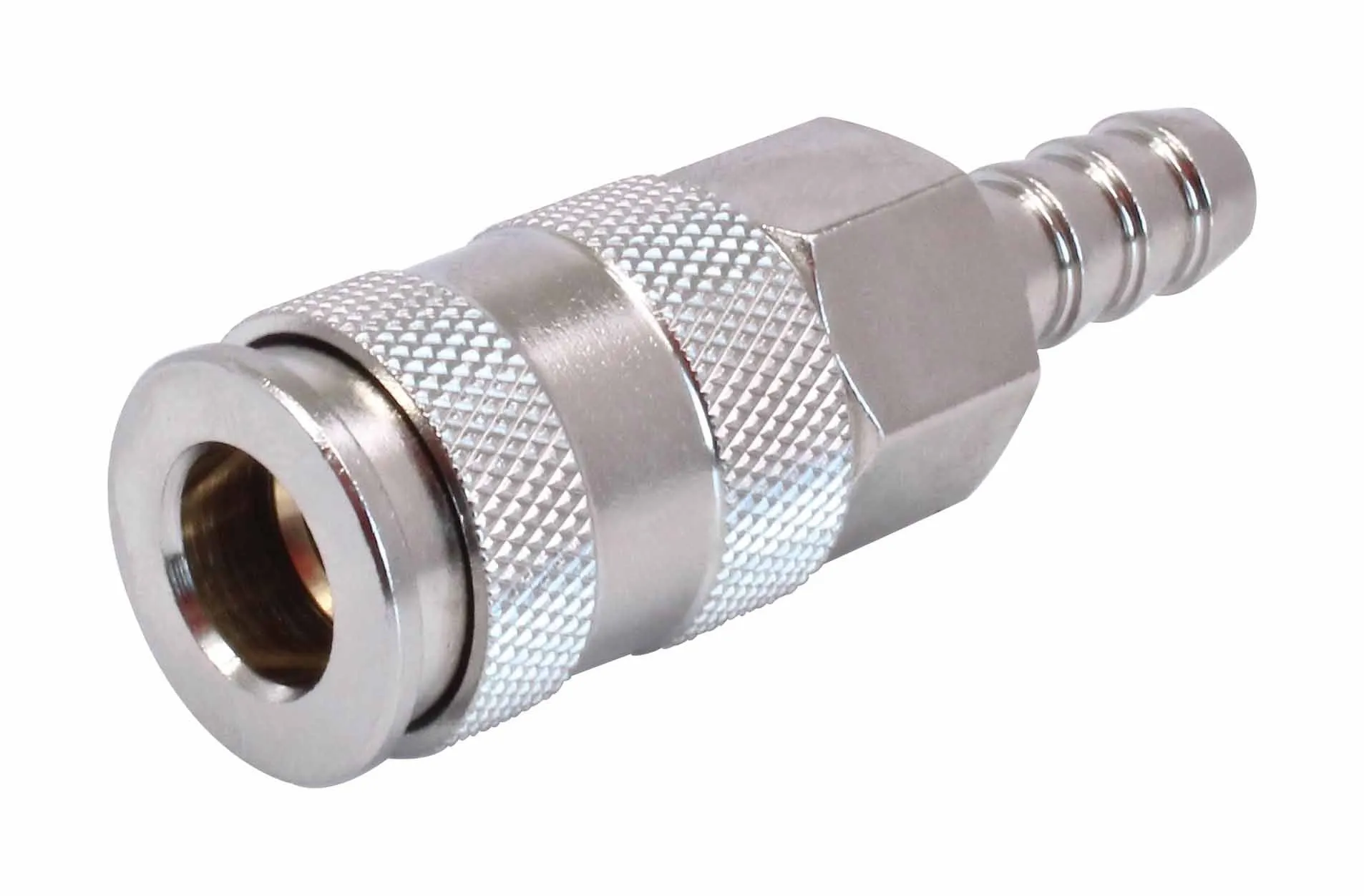 Side view of a metallic quick connector showing the female socket opening, knurled body, hex flats and barbed hose tail