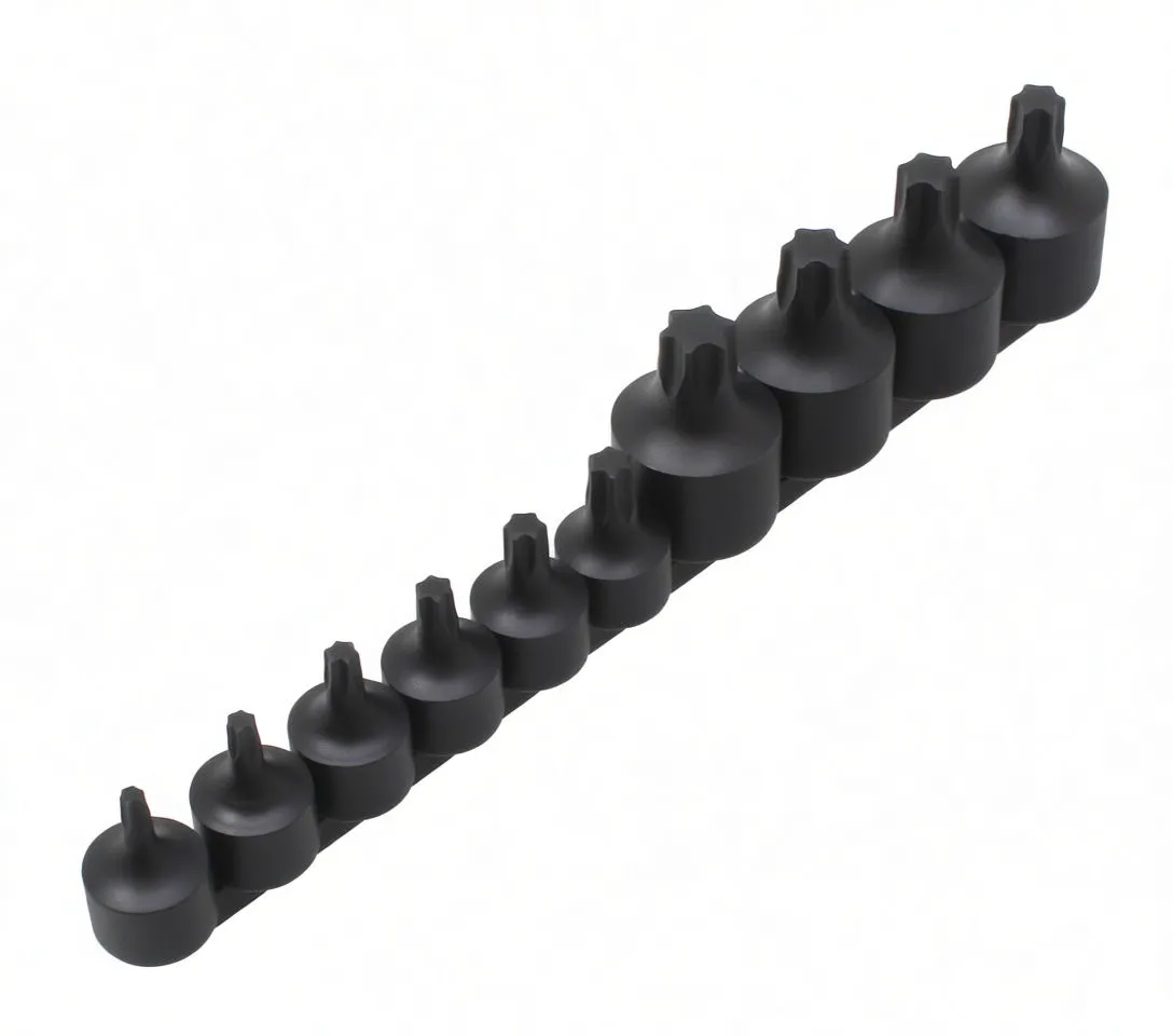 Angled underside view of black Torx impact sockets seated on a metal rail, showing side markings