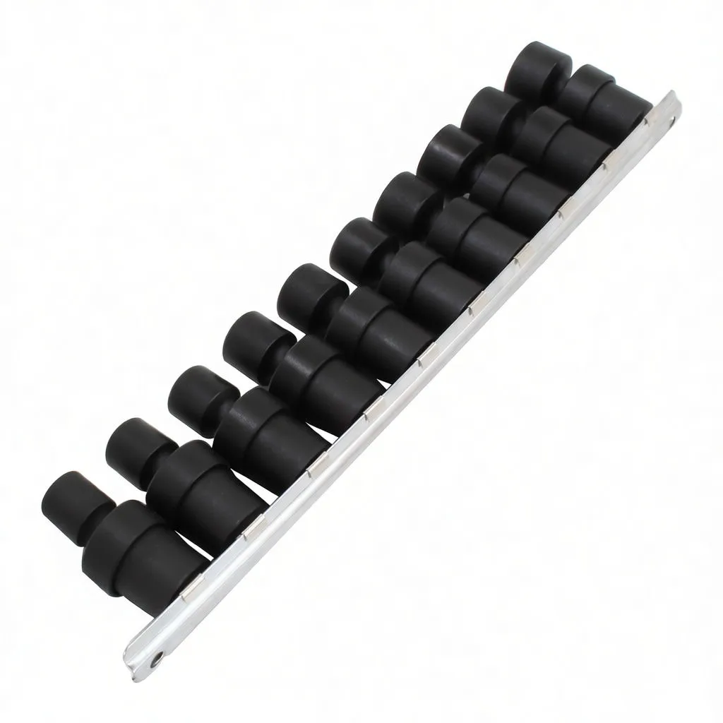 Ten black impact universal joint sockets on a metal rail organizer