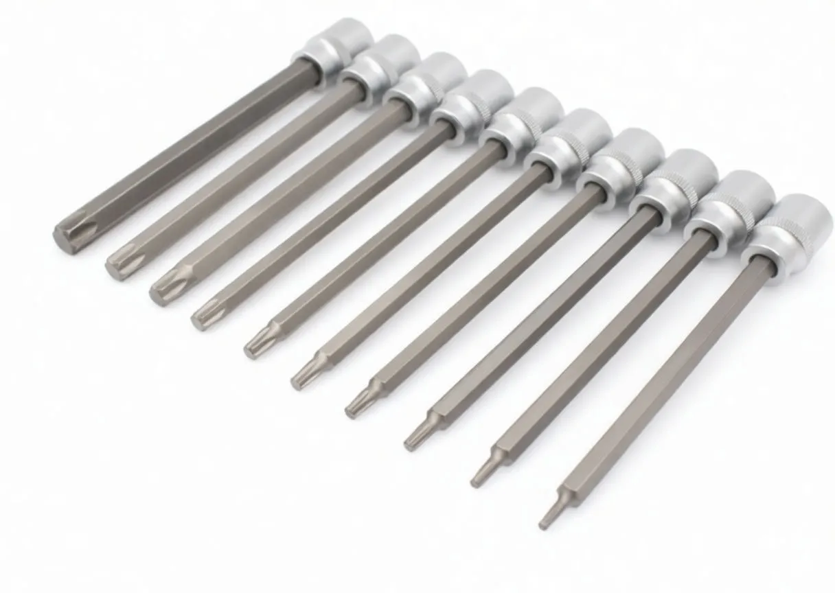 Row of ten long 3/8" drive Torx bit sockets with chrome collars, knurled bands and long matte shafts with Torx tips, arranged on white background.