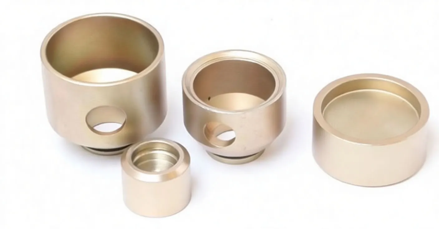 Assortment of four gold-plated cup adapters and a small spacer, one cup marked with 'S'