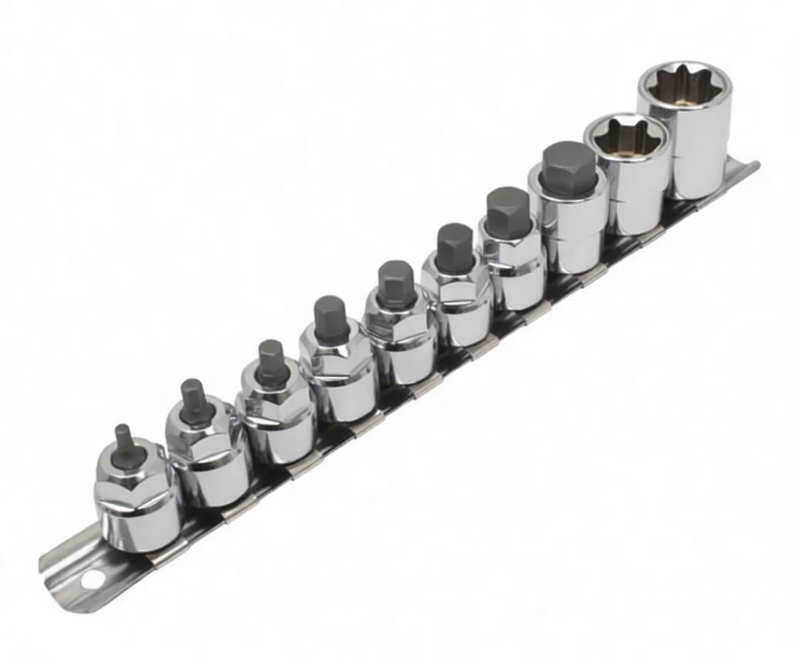 Ten hex bit sockets on a metal rail in size order, chrome bodies with dark hex bits