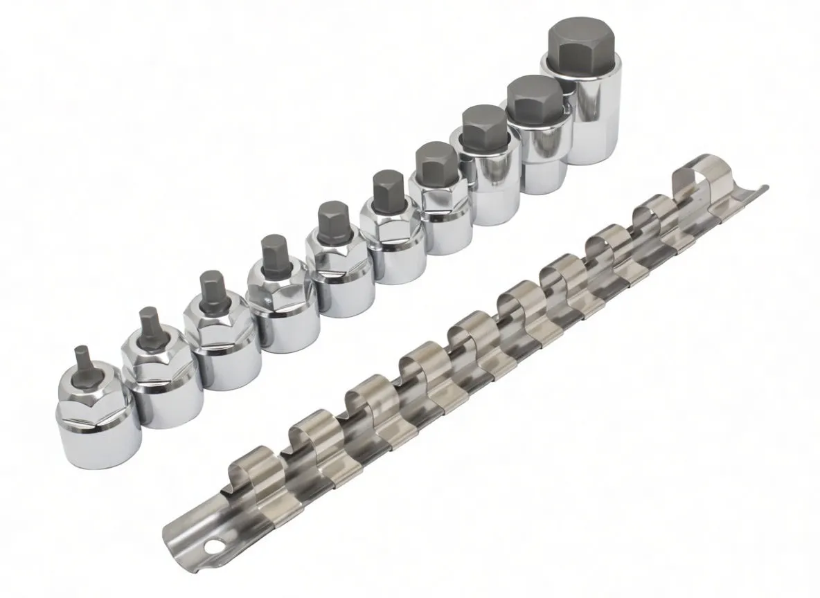 Ten chrome hex bit sockets above an empty metal retention rail, showing clips and socket bases