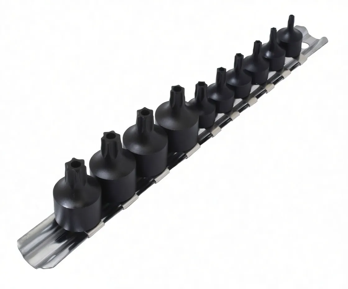 Angled row of black tamper Torx impact sockets mounted on a metal rail