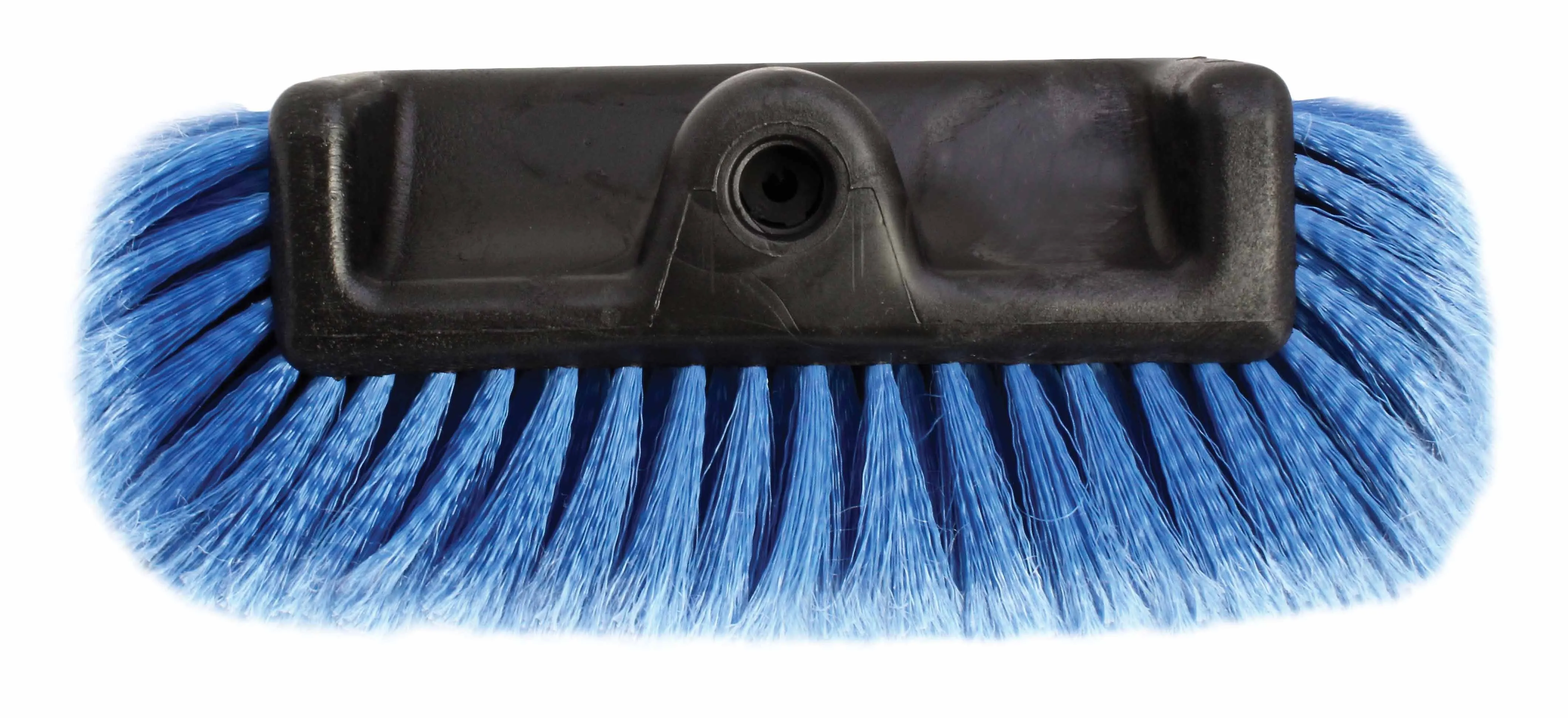Front view of brush head showing black plastic base with central threaded socket and blue bristles