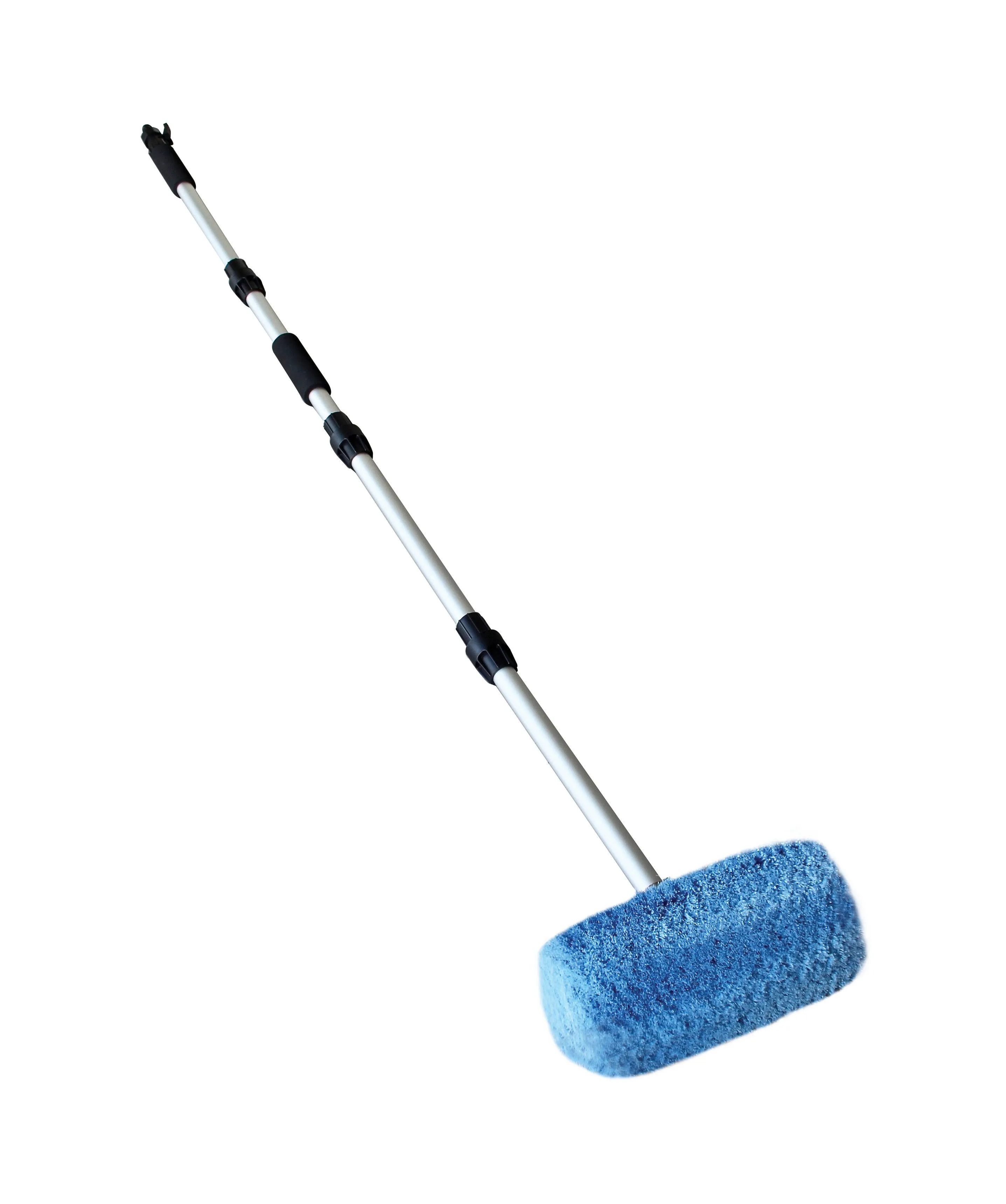Full-length telescoping pole with foam grip and fluffy cylindrical blue brush attached.
