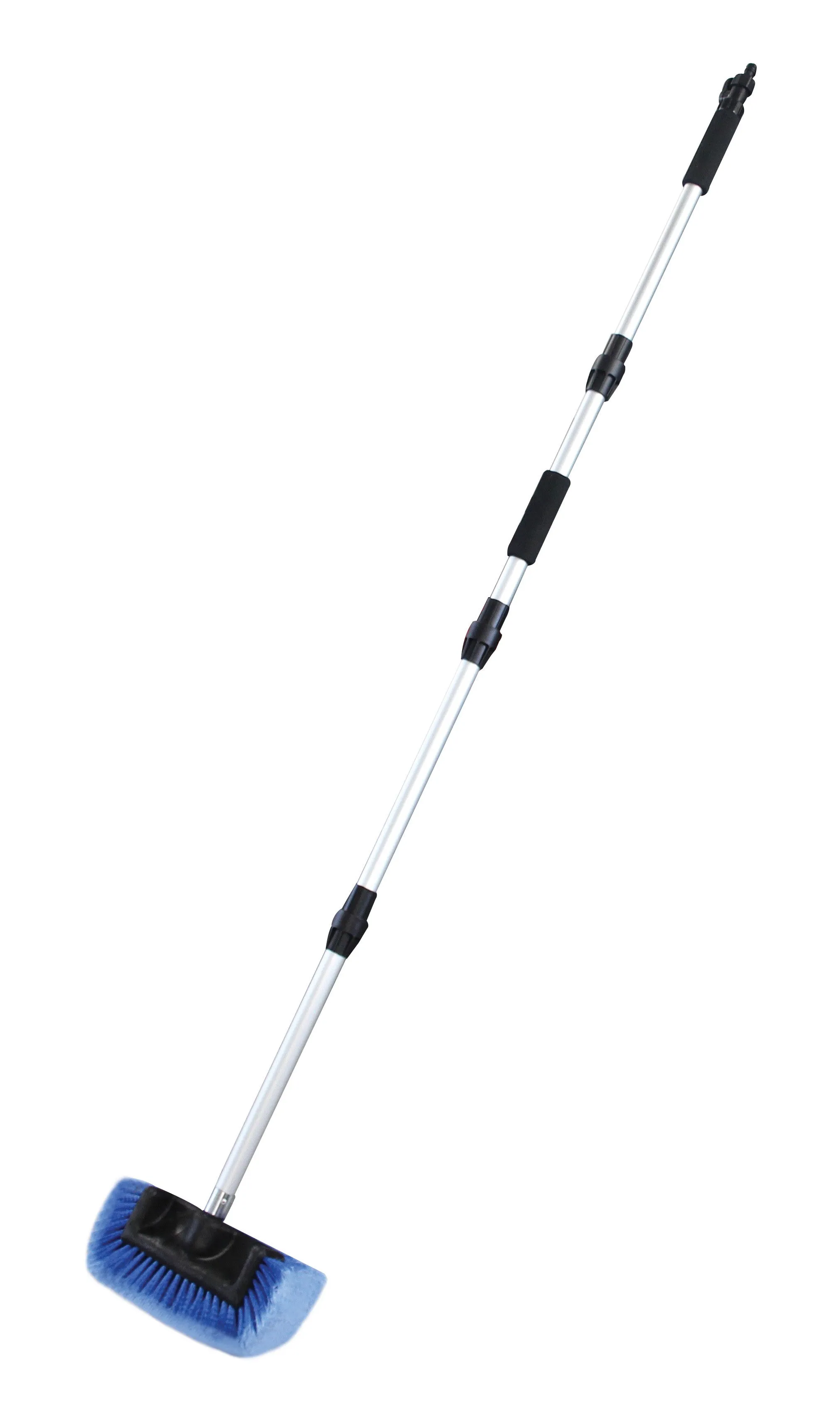 Extended multi-section pole with foam grip and blue rectangular wash brush head attached.