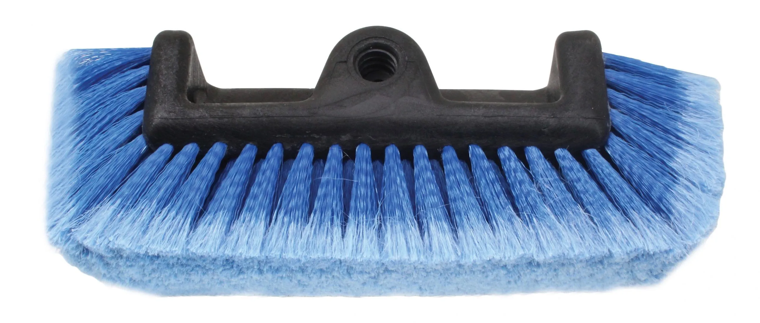 Close-up of blue-bristled rectangular brush head and black plastic mounting block with central threaded hole.