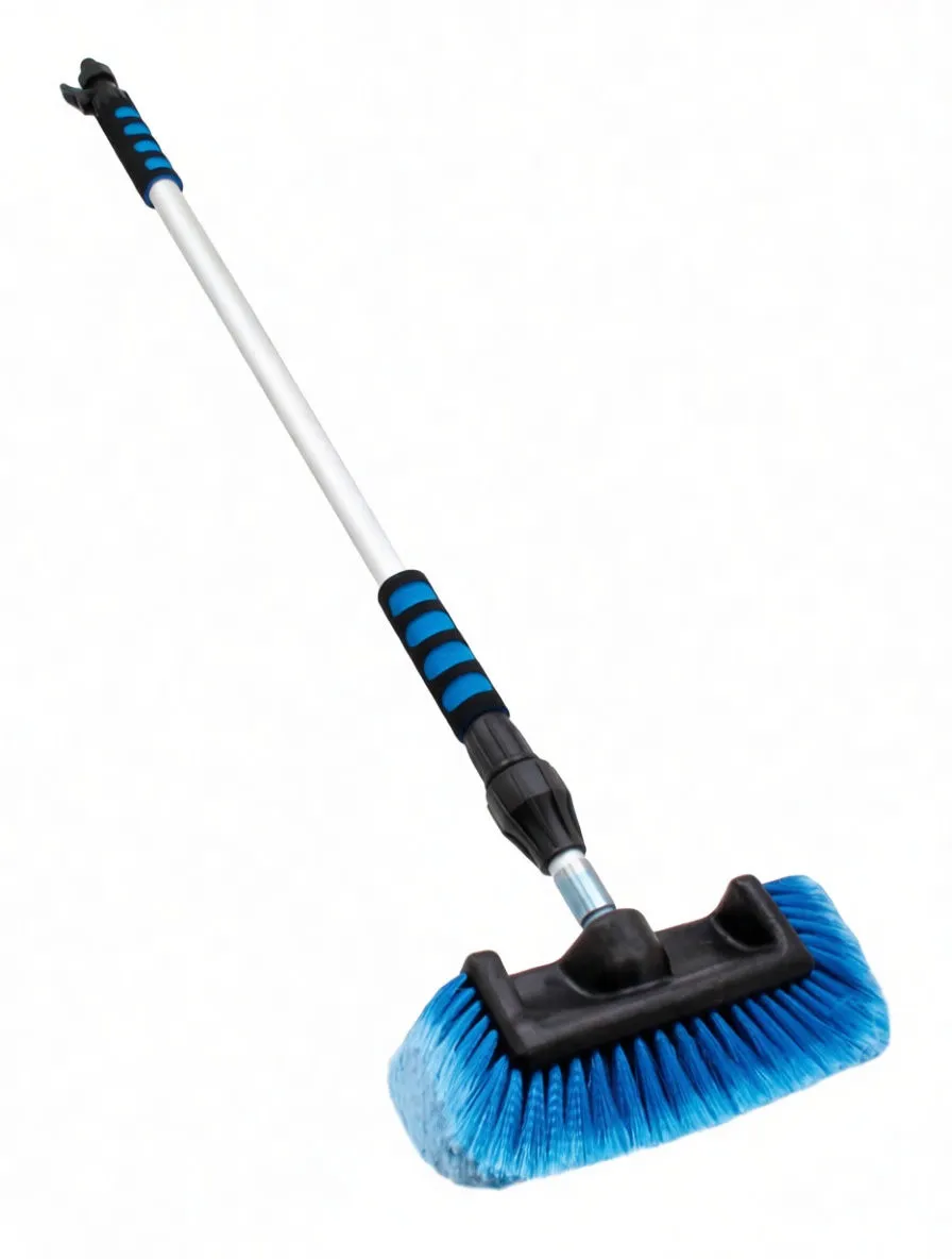 Telescoping pole with blue microfiber sleeve cleaning head and foam grips