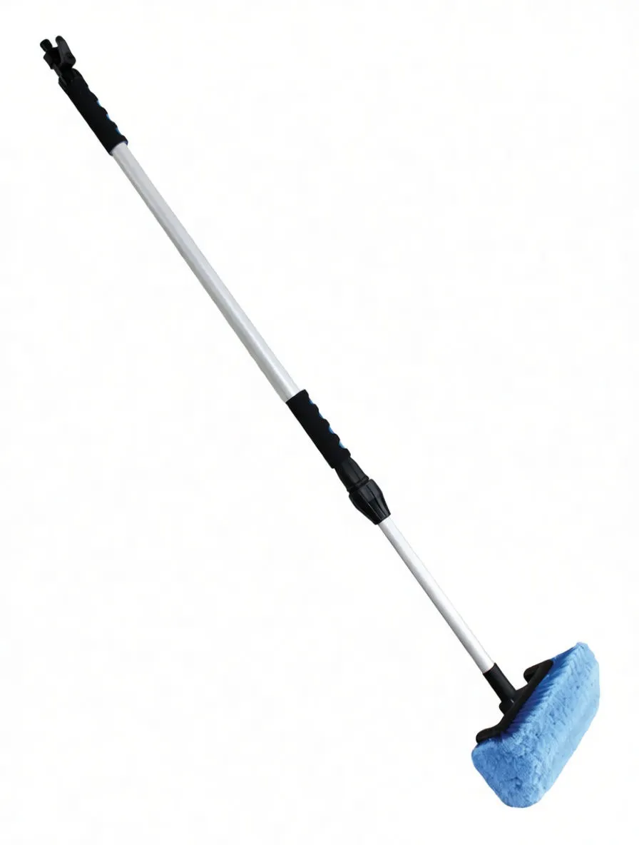 Extended telescoping cleaning pole with measurements 145cm and 28cm marked, blue head attached