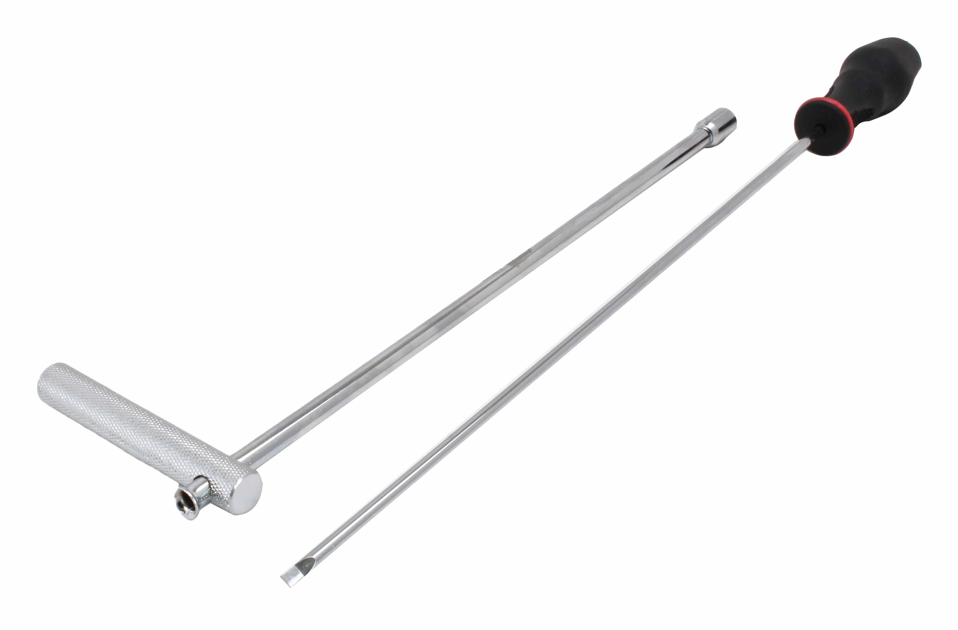 Separated carburetor adjustment tools: knurled T-handle socket extension and long removable flat-blade screwdriver with black grip.