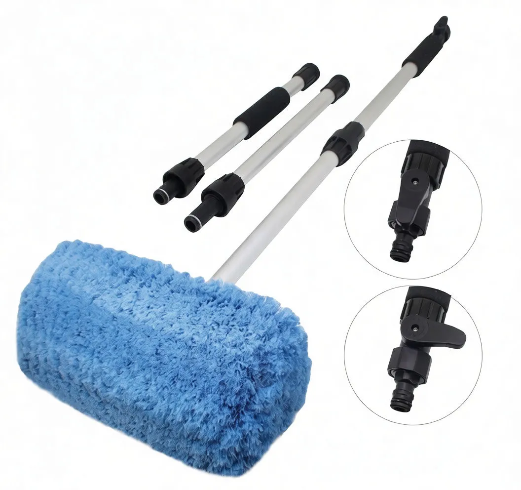 Pole segments with fluffy blue brush sleeve and close-ups of connector lever showing ON and OFF positions.