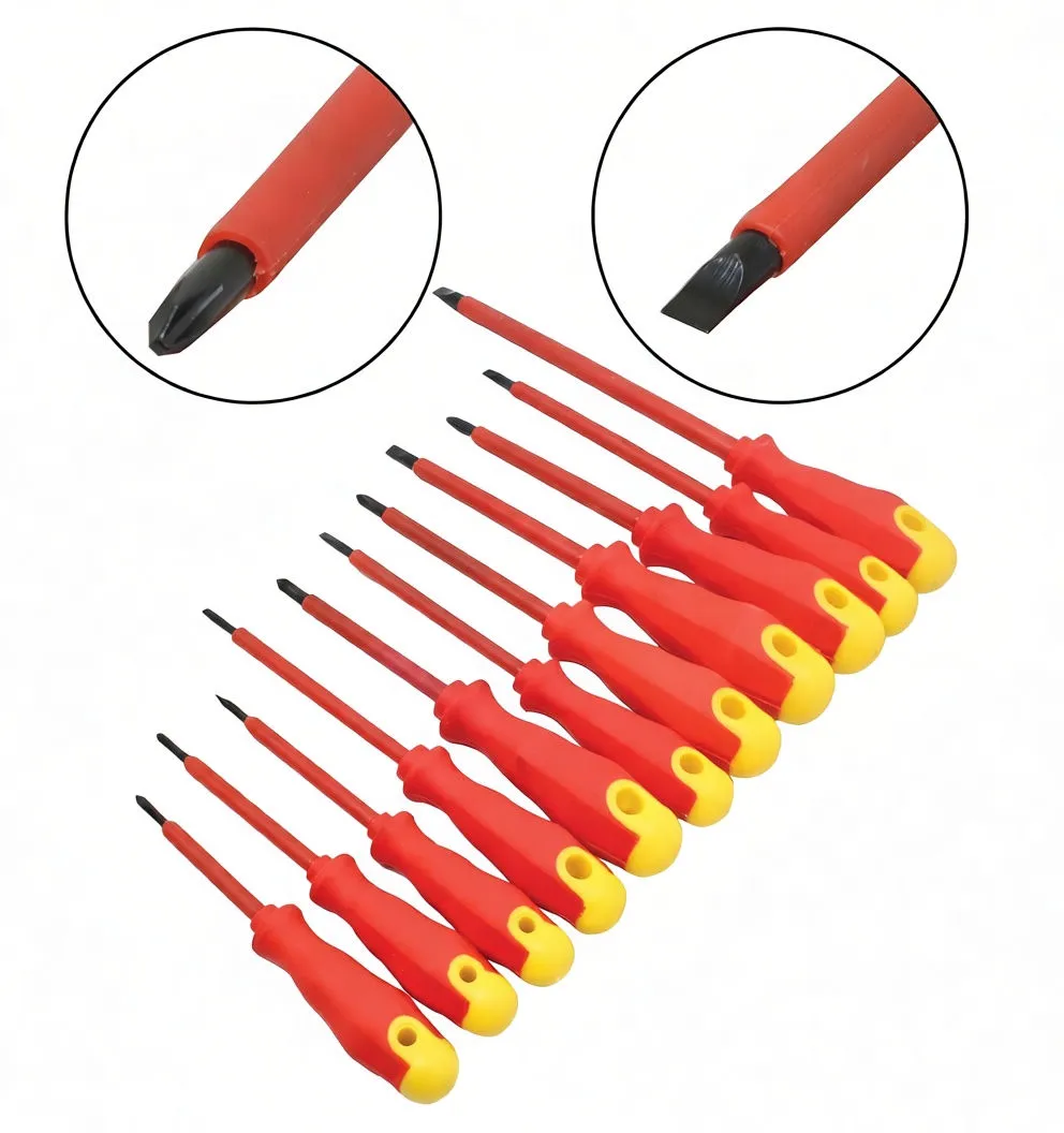 Eleven insulated screwdrivers with magnified insets showing Phillips and slotted tip details.