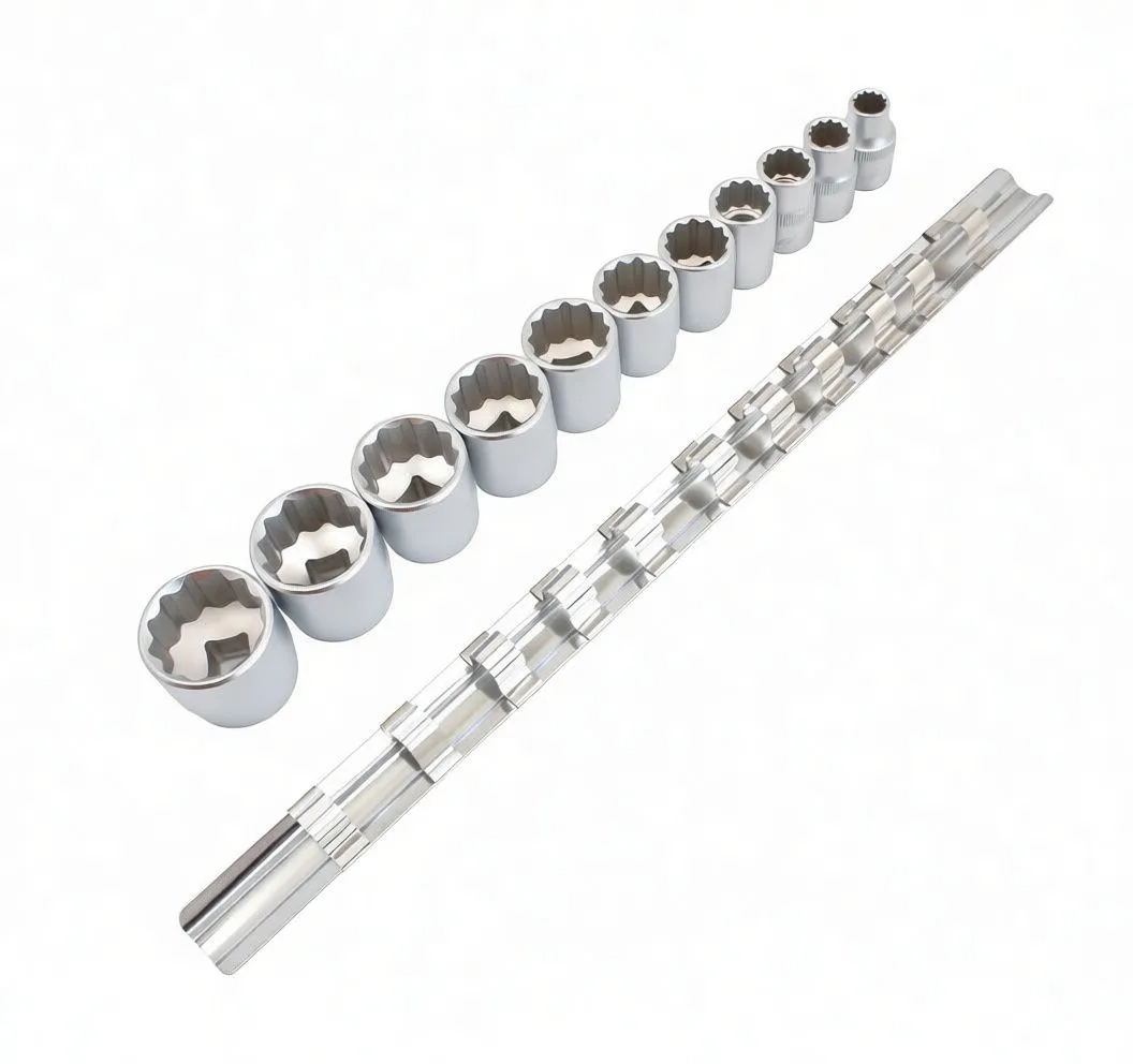 Front view of 11 short chrome sockets lined up on a rail