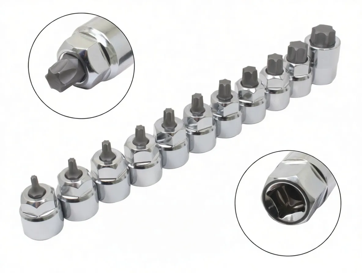 Low-angle view of 11 Torx bit sockets installed on a metal clip rail showing bit tips and rail mounting hole