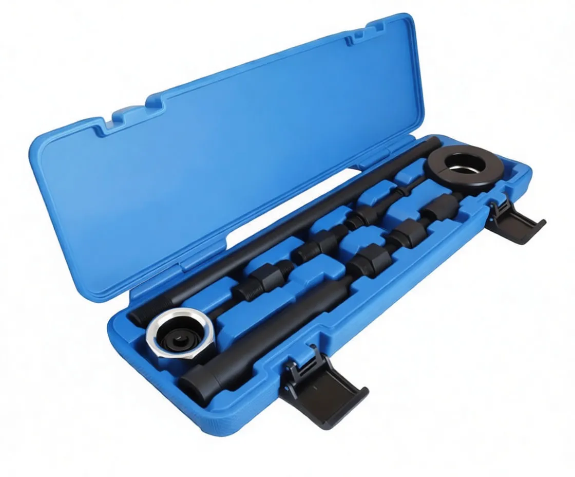 Angled view of blue case open with injector nozzle puller kit: handle, adapters, threaded rod and puller plate