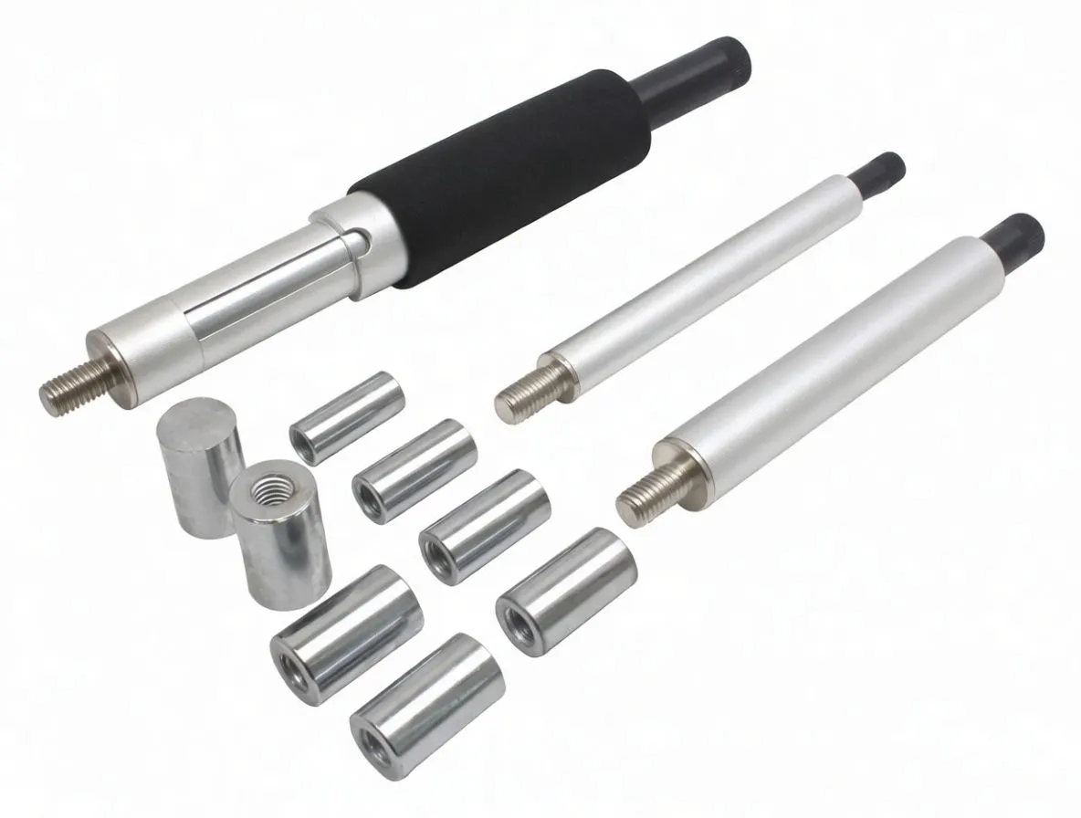 Close-up of three aluminum clutch alignment rods and several cylindrical metal adapter sleeves on a white background