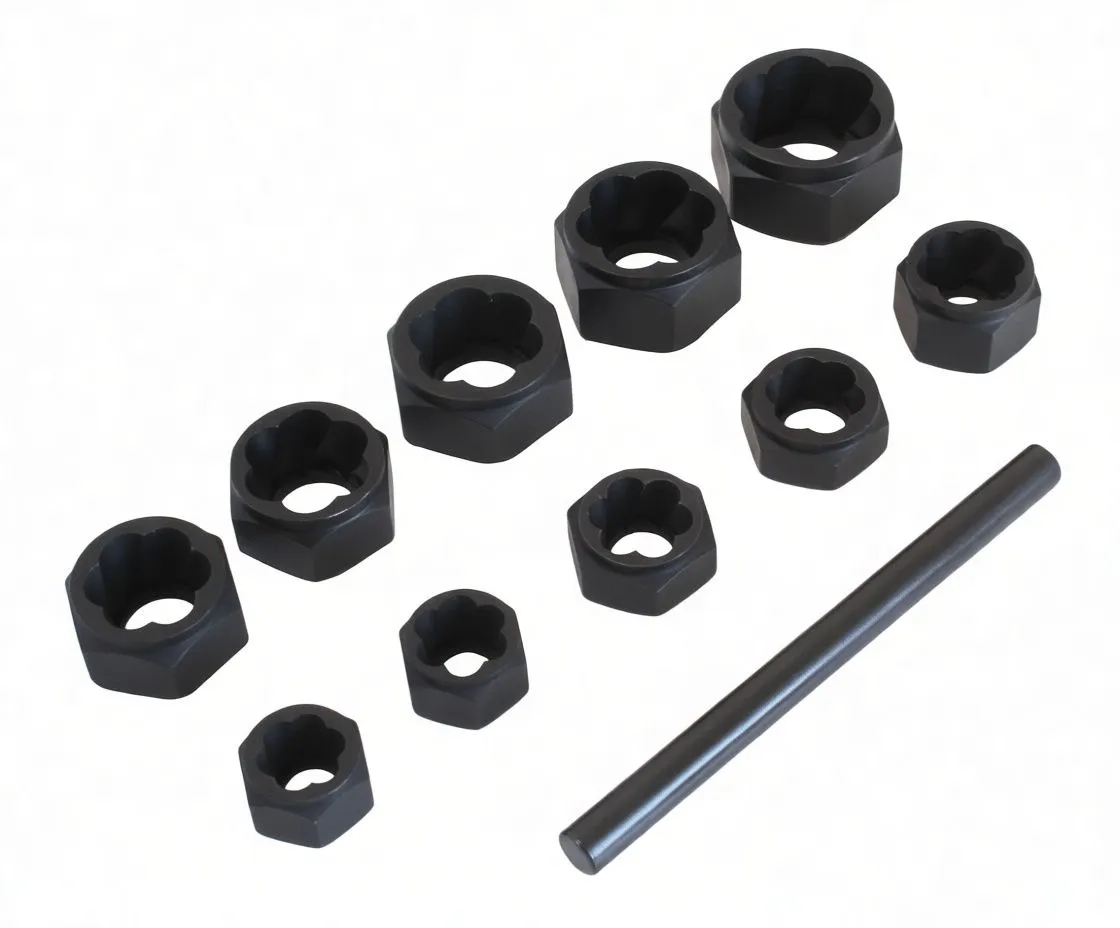 Loose arrangement of black hex-twist sockets and a long black driver bar on white background, showing internal multi-lobed profiles and white size/brand markings.