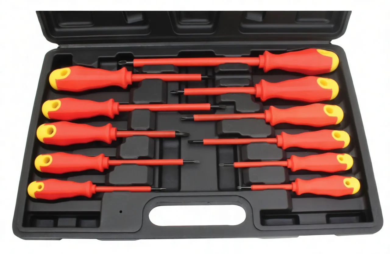 Top-down look into black case showing eleven insulated screwdrivers of varying lengths and tip types in molded slots.