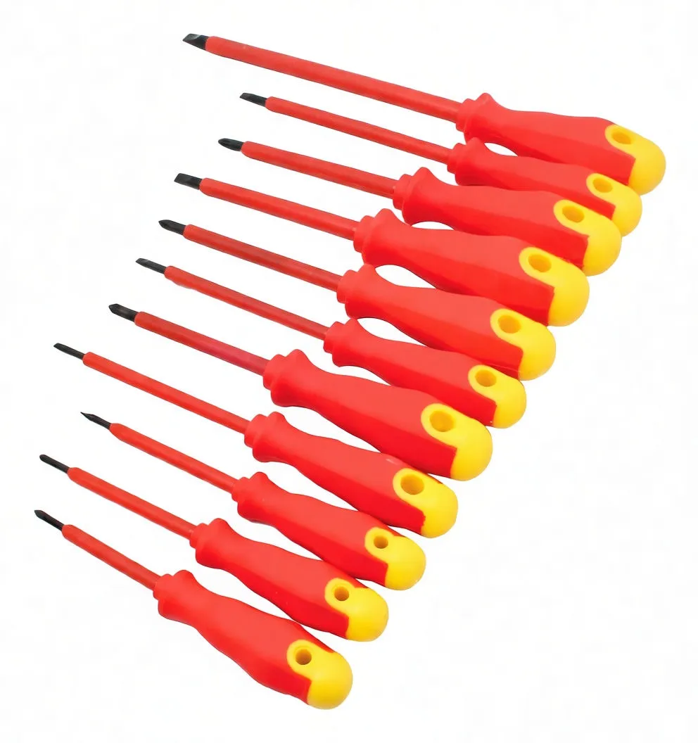 Diagonal array of red insulated screwdrivers with yellow ends and black tips on white background.