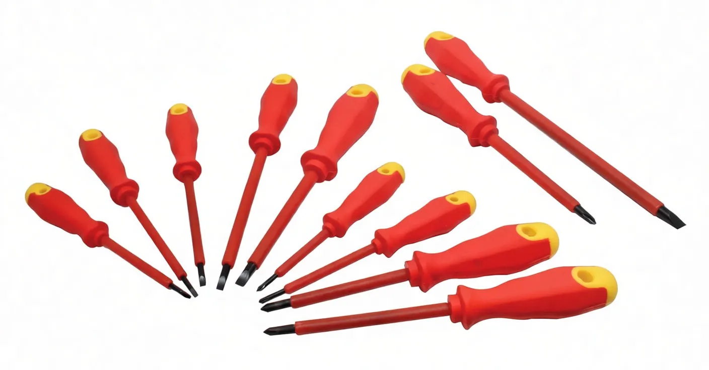 Semicircular arrangement of eleven red insulated screwdrivers with yellow ends and white printed markings.