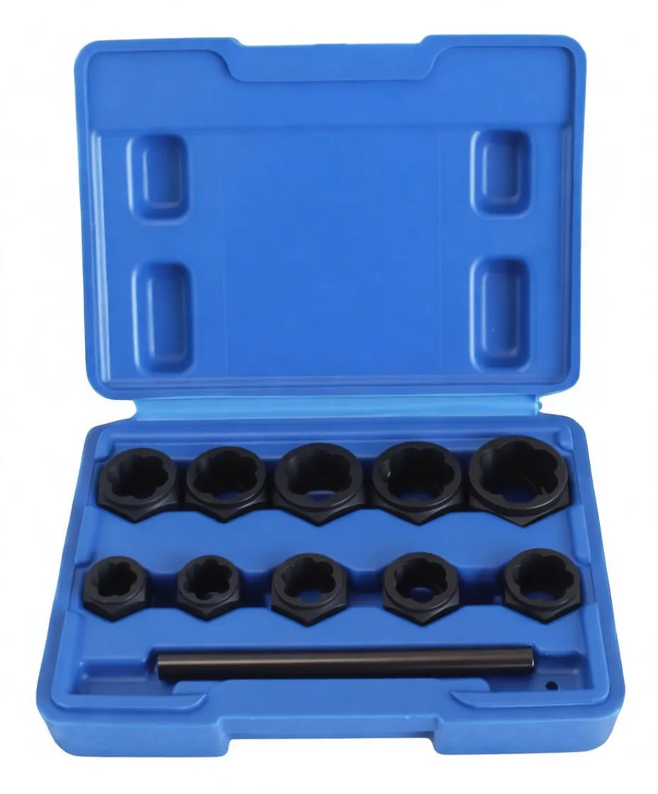 Tilted perspective of an open blue case with black hex-twist sockets seated in molded recesses and a long black driver bar, latch visible on lid.