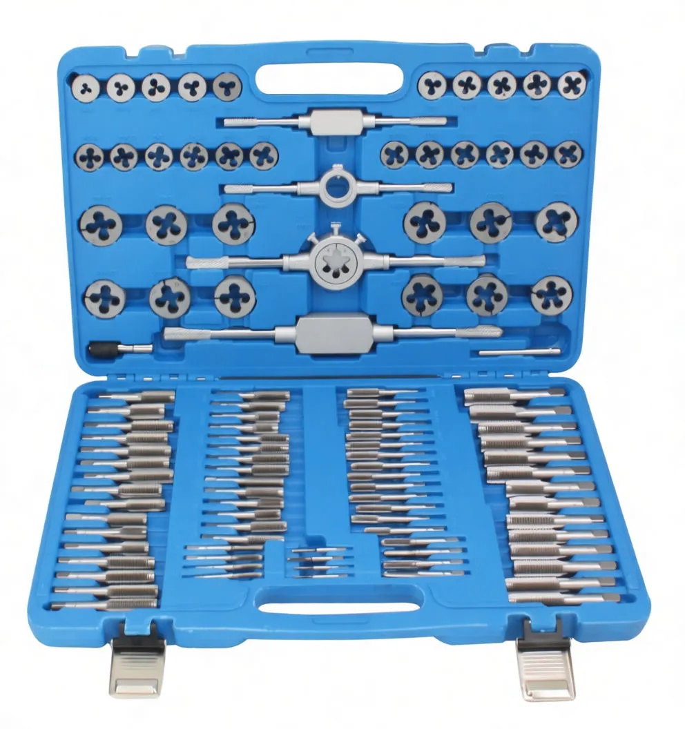 Front-facing view of the open tap and die set with dies in the lid and many taps and handles in the base.