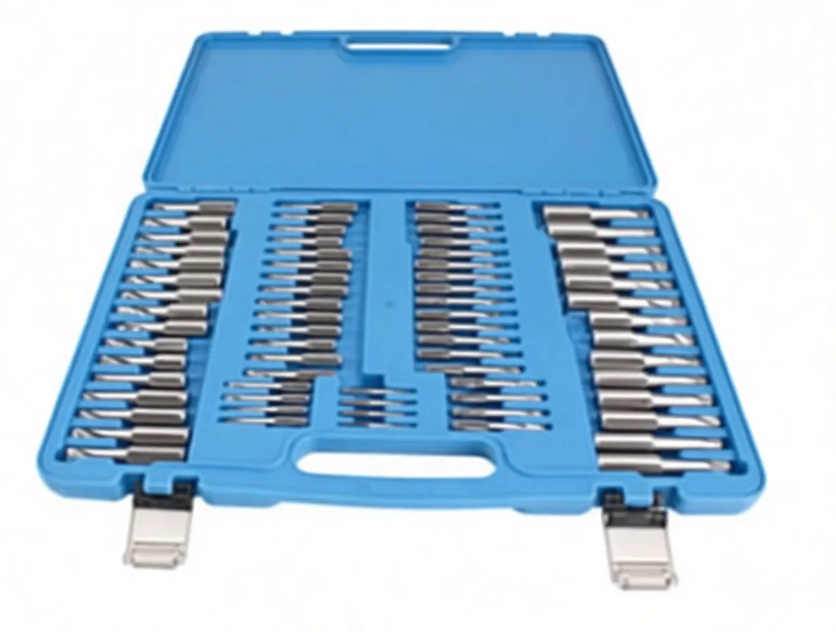 Wide low-angle photo of the open tap and die kit showing full set layout and carry case.