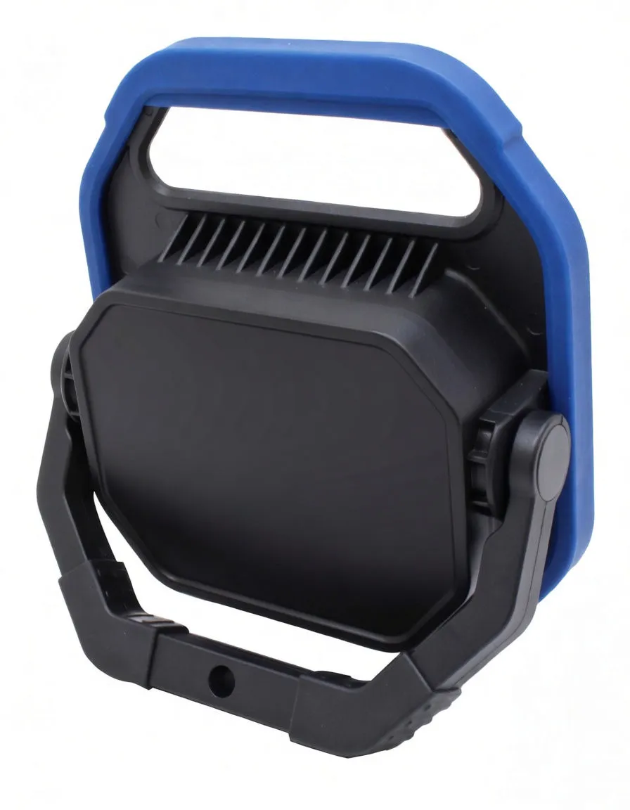 Side view of flood lamp showing blue rubber edge, central lens and fold-out hinge/stand