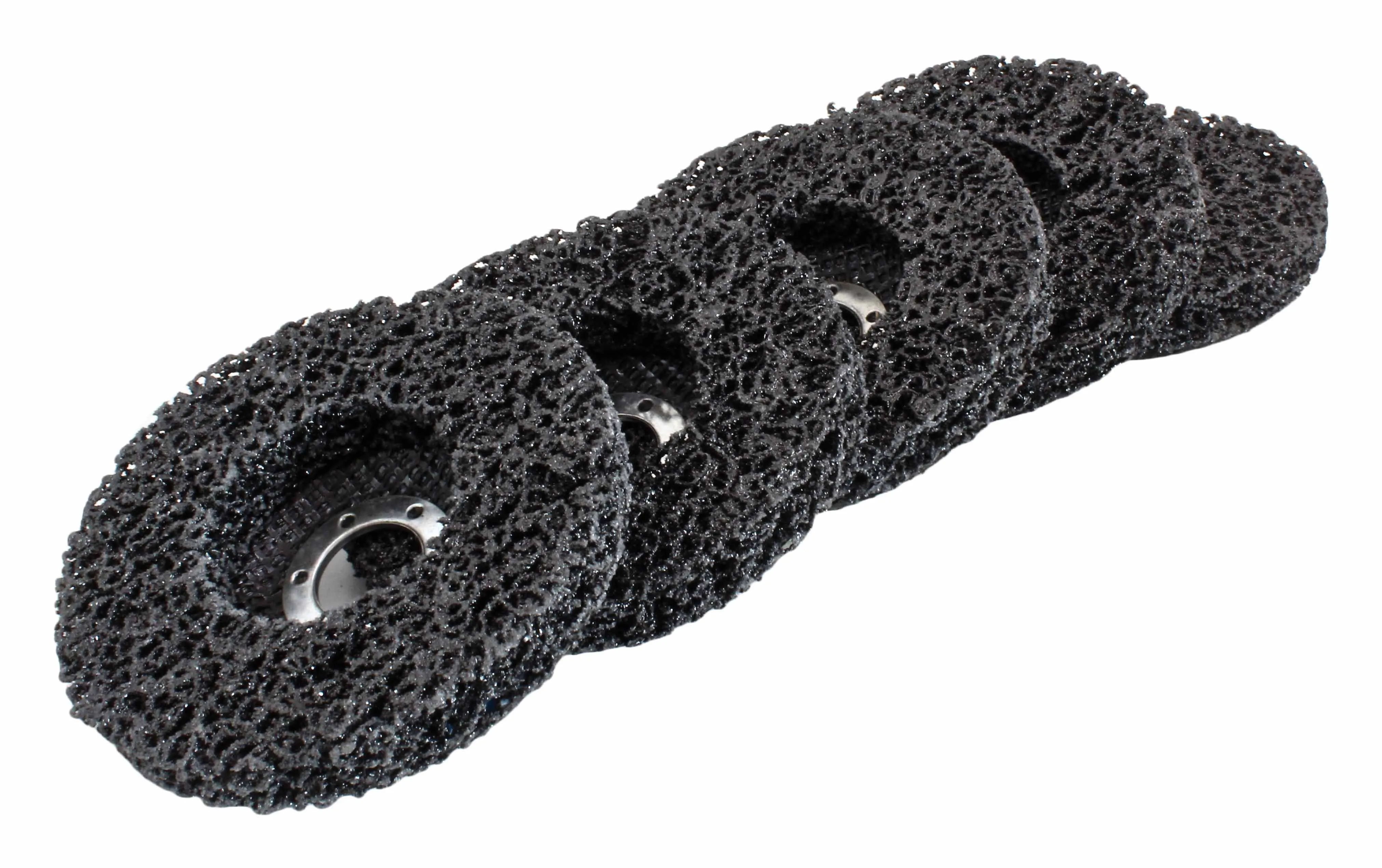 Multiple black open-weave cleaning discs with metal center rings arranged in a line