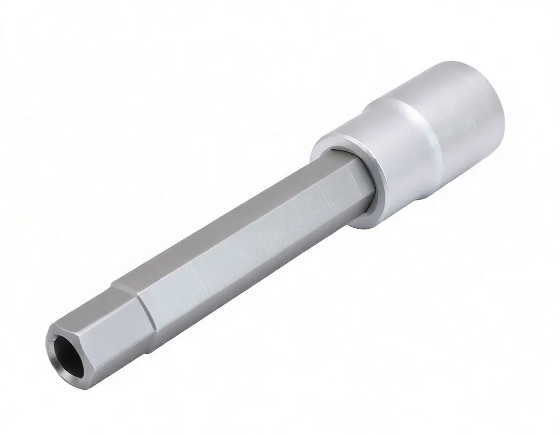 Angled view of hex bit socket showing stamped markings and long hex shank