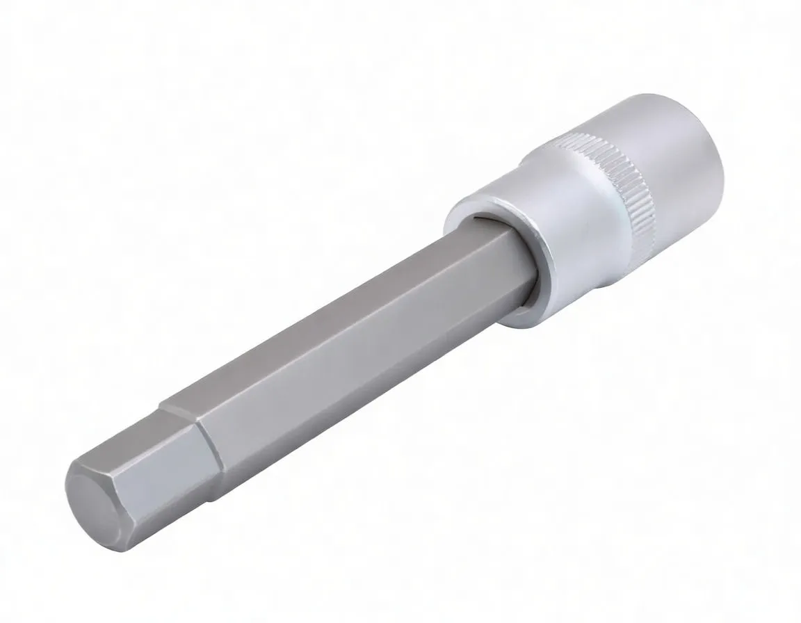 Diagonal close-up of long 6-sided hex bit seated in chrome 1/2" drive socket
